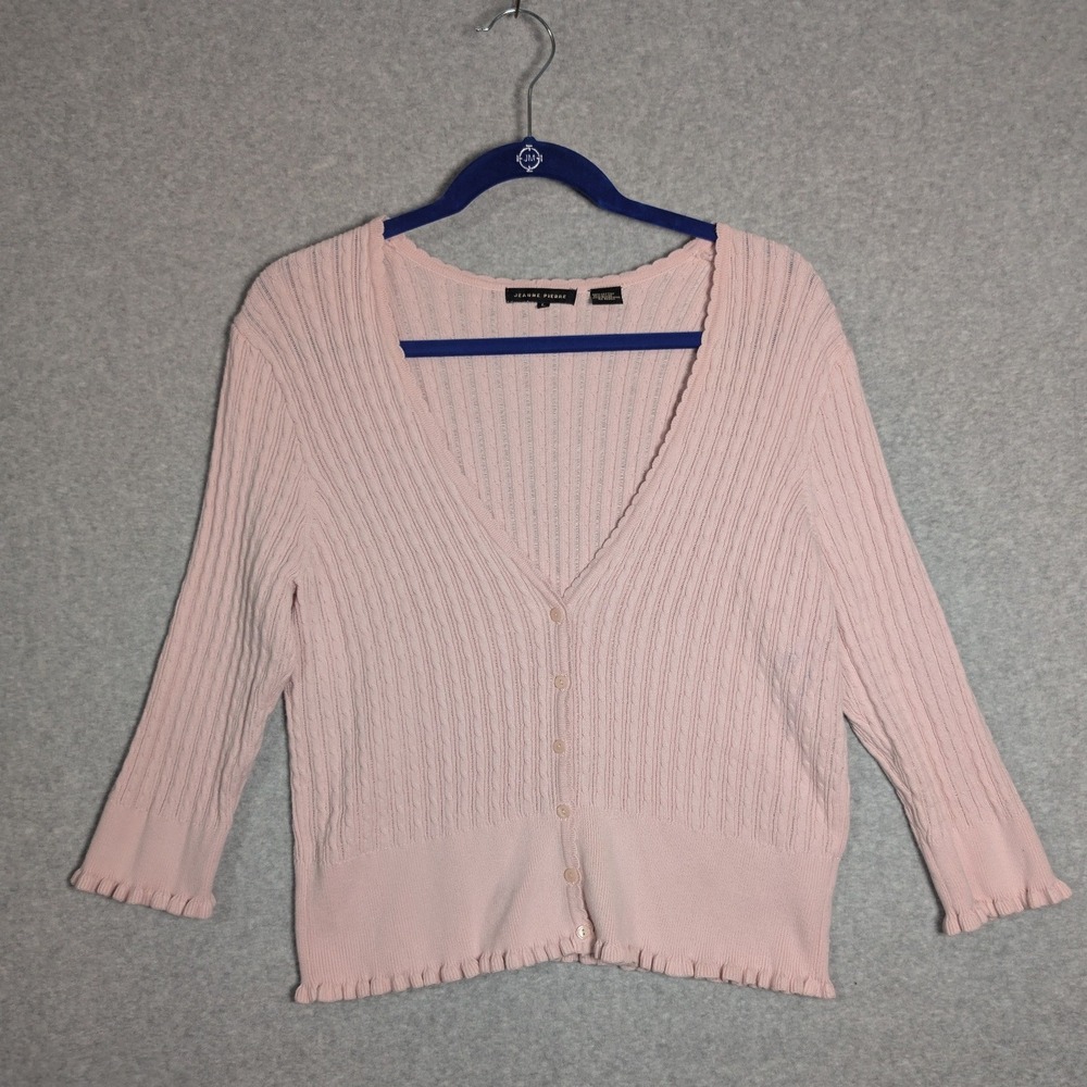 Jeanne Pierre Cardigan Sweater Women Large Pink Cable Knit Ruffle Trim Soft Girl